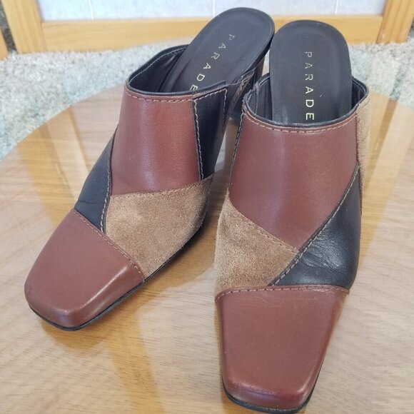 Vintage Patchwork Size 7 Clogs Mules Shoes Brown Black Leather Suede - Picture 1 of 11